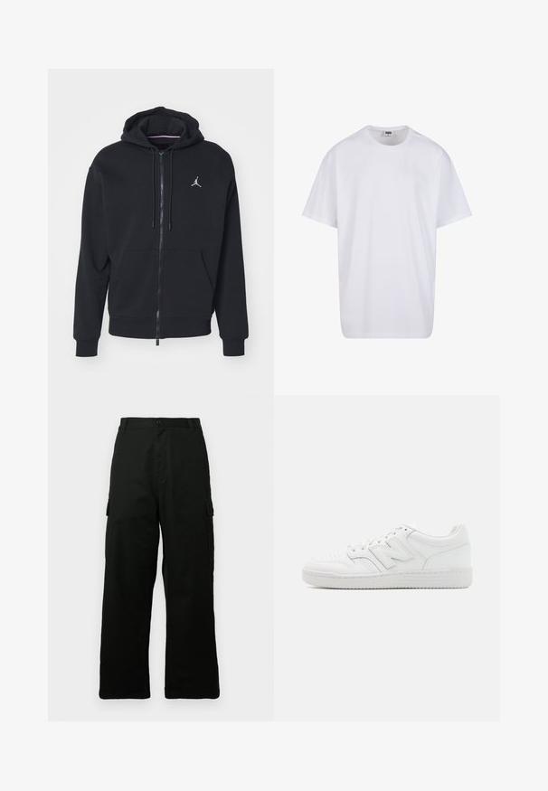 Felpa nera con zip realizzata in tessuto morbido, con tasca a marsupio, polsini a costine e un logo ricamato bianco sul petto.; Maglietta bianca in cotone con maniche corte, scollatura rotonda, vestibilità comoda e senza loghi o motivi visibili. Texture liscia e design minimale.; Pantaloni cargo neri realizzati in tessuto resistente, caratterizzati da un design a gamba larga, molteplici tasche laterali e una linea dritta.; Sneaker bianco realizzato in pelle liscia, con punta perforata, suola in gomma testurizzata, lacci piatti e un prominente logo 'N' sul lato.