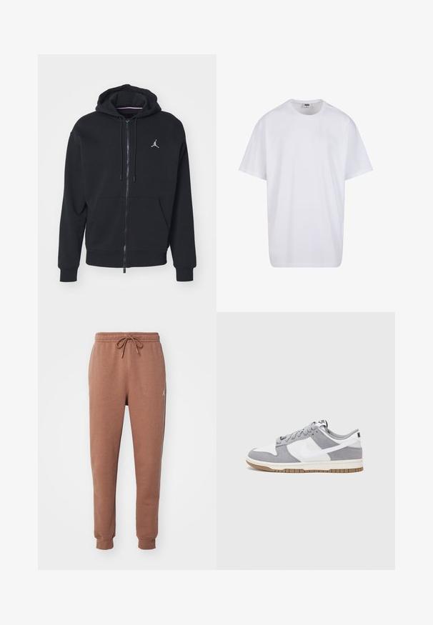 Crna zip-jakna napravljena od mekog materijala, s kenguruljom džepom, rebrastim manžetama i bijelim vezivnim logotipom na prsima.; Bijela pamučna majica s kratkim rukavima, zaobljenim izrezom, opuštenog kroja, bez vidljivih logotipa ili uzoraka. Glatka tekstura i minimalni dizajn.; Smeđe trenirke od mekanog džersija. Imaju elastičnu naramenicu s vezicom i manžetama na gležnjevima. Bijeli logo kao ukras.; Sivi i bijeli tenisice s gornjištem od antilopa i kože, okruglim vrhom, ravnim vezicama i gumenim potplatom s dodatkom boje gume.