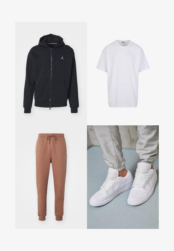 Fekete, cipzáros kapucnis pulóver, puha anyagból készült, elöl zsebes kialakítással, bordázott mandzsettákkal és fehér hímzett logóval a mellkasán.; Fehér pamut póló rövid ujjal, kerek nyakú, laza szabású, és nincsenek látható logók vagy minták. Simább textúra és minimalista dizájn.; Barna sportos nadrág puha jersey anyagból. Rugalmas derékpánttal és zsinórral, valamint bokánál passzékkal rendelkezik. Fehér logós díszítés.; Fehér bőr sportcipők perforált orr résszel, lapos fűzőkkel, párnázott bokarésszel és Jordan logóval a nyelvén. Szürke melegítőnadrággal viselve.