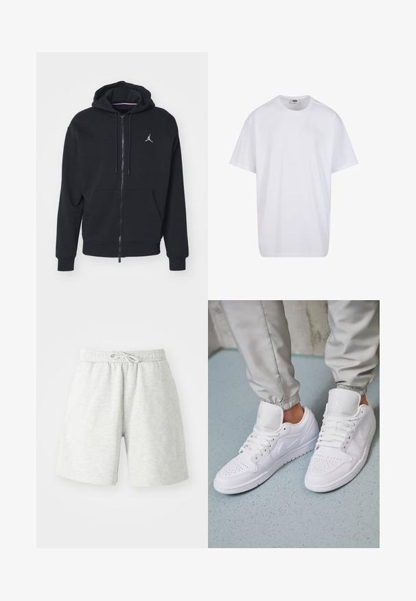 Black zip-up hoodie made from soft fabric, featuring a kangaroo pocket, ribbed cuffs, and a white embroidered logo on the chest.; White cotton t-shirt with short sleeves, rounded neckline, relaxed fit, and no visible logos or patterns. Smooth texture and minimal design.; Light gray cotton shorts with an elastic waistband, drawstring detail, and side pockets. Soft texture, knee-length design.; White leather sneakers feature a perforated toe box, flat laces, padded collar, and the Jordan logo on the tongue. Worn with gray joggers.