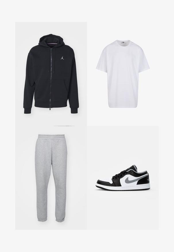Svart hettegenser med glidelås laget av myk stoff, har kenguru-lomme, ribbede mansjetter og en hvit brodert logo på brystet.; Hvit bomull t-skjorte med korte ermer, rund utringning, avslappet passform, og ingen synlige logoer eller mønstre. Glatt tekstur og minimalistisk design.; Grå joggebukser laget av myk stoff, med elastisk linning og tettsittende mansjetter for en strømlinjeformet fasong. Ingen lommer synlige.; Jordan AIR JORDAN 1 LOW - Joggesko - black/particle grey-white