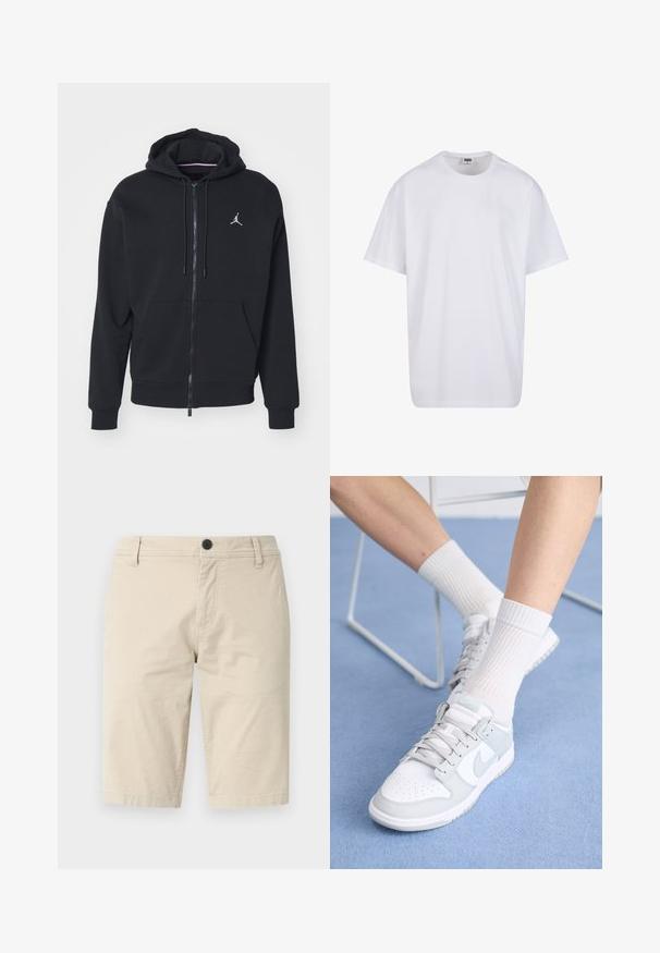 Schwarze Zip-Hoodie aus weichem Stoff, mit einer Kängurutasche, gerippten Bündchen und einem weißen gestickten Logo auf der Brust.; Weiße Baumwoll-T-Shirt mit kurzen Ärmeln, rundem Ausschnitt, lockerer Passform und ohne sichtbare Logos oder Muster. Glatte Textur und minimalistisches Design.; Beige Shorts aus leichtem Stoff mit flachem Frontdesign, einem Knopfverschluss und zwei Seitentaschen; glatte Textur.; Weiße Sneakers mit hellblauen Akzenten, Obermaterial aus Leder, perforierte Zehenpartie, dicke Schnürsenkel und gerippte weiße Socken vor einem blauen Hintergrund.