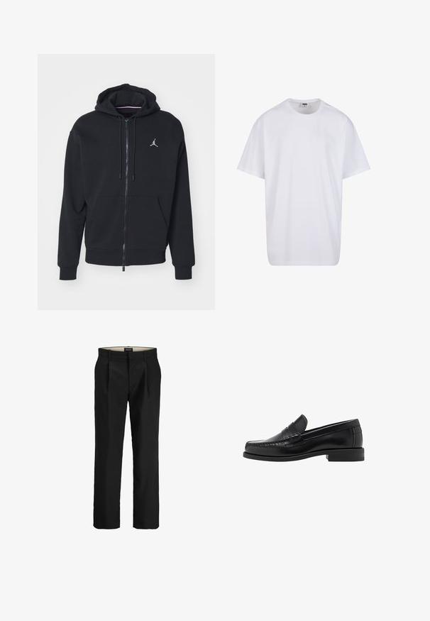 Sort zip-up hoodie lavet af blødt stof, med en kængurulomme, ribbede manchetter og et hvidt broderet logo på brystet.; Hvid bomulds t-shirt med korte ærmer, rund halsudskæring, afslappet pasform, og ingen synlige logoer eller mønstre. Glat tekstur og minimalistisk design.; Sorte skræddersyede bukser med flad front, to sidelommer, en glat tekstur og lige ben. Har bæltesløjfer for ekstra stil.; Sorte læder loafers med en glat finish, syede detaljer på tåen og et lavt hældesign for komfort og stil.