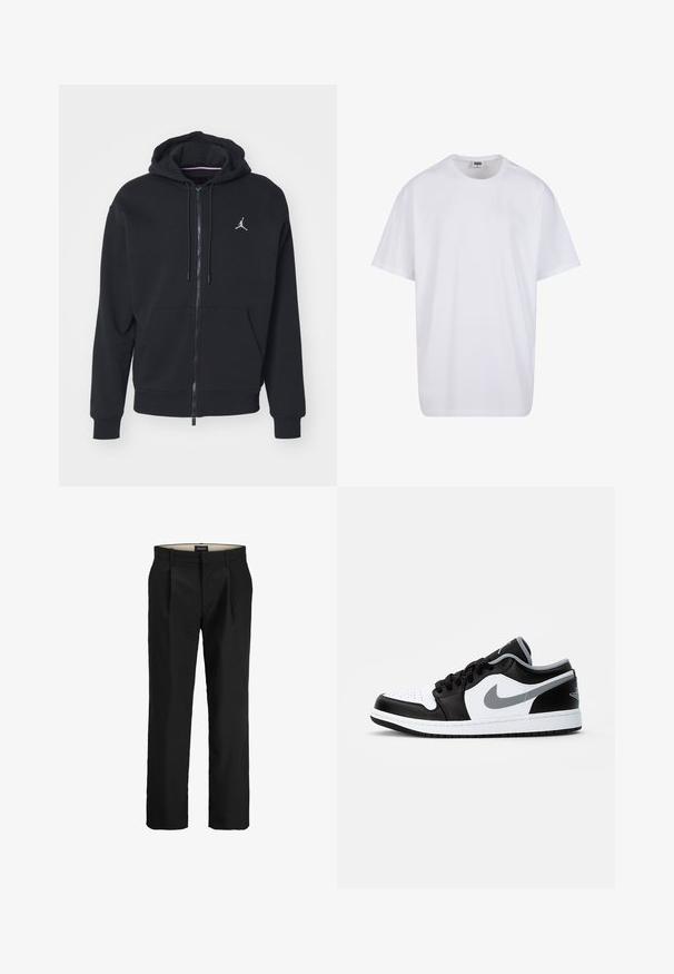 Schwarze Zip-Hoodie aus weichem Stoff, mit einer Kängurutasche, gerippten Bündchen und einem weißen gestickten Logo auf der Brust.; Weiße Baumwoll-T-Shirt mit kurzen Ärmeln, rundem Ausschnitt, lockerer Passform und ohne sichtbare Logos oder Muster. Glatte Textur und minimalistisches Design.; Schwarze, schmal geschnittene Stoffhose mit flachem Frontdesign, zwei Seitentaschen, glatter Textur und geradem Bein. Mit Gürtelschlaufen für zusätzlichen Stil.; Jordan AIR JORDAN 1 LOW - Sneaker low - black/particle grey-white