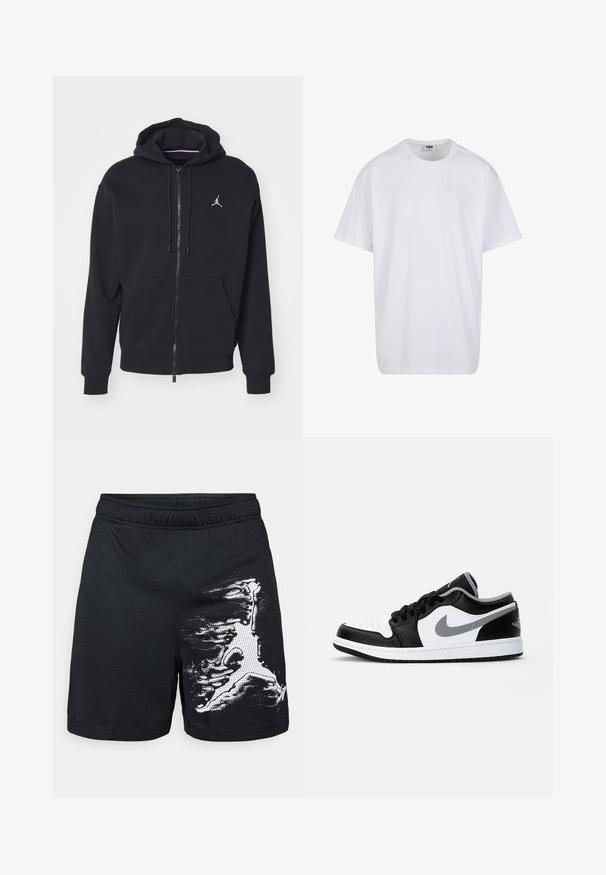 Must mustri zipperiga kapuutsiga, mis on valmistatud pehmest kangast, kangaroo taskuga, ribareitega mansettide ja valge tikitud logoga rinnal.; Valge puuvillane t-särk lühikeste varrukatega, ümmarguse kaelusega, lõdva lõikega ja ilma nähtavate logodeta või mustriteta. Sile tekstuur ja minimaalne disain.; Mustad musta võrgu mustriga spordilühikesed püksid, millel on elastne vöökoht ja valge abstraktne muster paremal küljel. Kerged ja hingavad materjalid.; Jordan AIR JORDAN 1 LOW - Tossud - black/particle grey-white