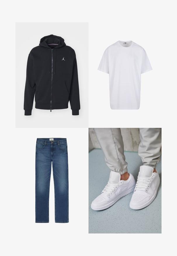 Must mustri zipperiga kapuutsiga, mis on valmistatud pehmest kangast, kangaroo taskuga, ribareitega mansettide ja valge tikitud logoga rinnal.; Valge puuvillane t-särk lühikeste varrukatega, ümmarguse kaelusega, lõdva lõikega ja ilma nähtavate logodeta või mustriteta. Sile tekstuur ja minimaalne disain.; Tumed sinised denim teksad otse lõikega, viie tasku ja nähtavate õmblustega. Ees on nööp ja lukuga sulgemine.; Valged nahast tossud sisaldavad perforatsiooni varvaste osas, lame nöörid, pehmendatud kaelus ja Jordani logo keelega. Kanda hallide spordipükstega.
