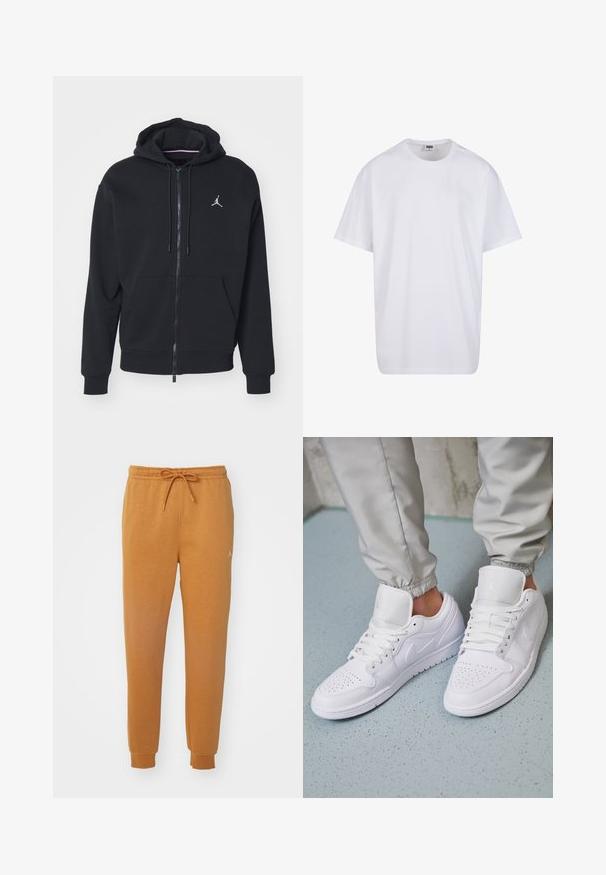 Fekete, cipzáros kapucnis pulóver, puha anyagból készült, elöl zsebes kialakítással, bordázott mandzsettákkal és fehér hímzett logóval a mellkasán.; Fehér pamut póló rövid ujjal, kerek nyakú, laza szabású, és nincsenek látható logók vagy minták. Simább textúra és minimalista dizájn.; Narancssárga sportnadrág puha anyagból, rugalmas derékpánttal és zsinórral, valamint bordás mandzsettákkal. Kis logó részletet tartalmaz.; Fehér bőr sportcipők perforált orr résszel, lapos fűzőkkel, párnázott bokarésszel és Jordan logóval a nyelvén. Szürke melegítőnadrággal viselve.