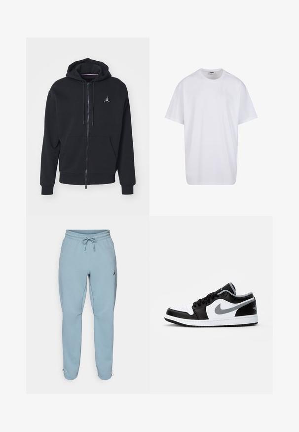 Fekete, cipzáros kapucnis pulóver, puha anyagból készült, elöl zsebes kialakítással, bordázott mandzsettákkal és fehér hímzett logóval a mellkasán.; Fehér pamut póló rövid ujjal, kerek nyakú, laza szabású, és nincsenek látható logók vagy minták. Simább textúra és minimalista dizájn.; Világoskék, puha anyagú melegítőnadrág, rugalmas derékkal és húzózsinórral, oldalsó zsebekkel és egy kis fekete logóval a combon.; Jordan AIR JORDAN 1 LOW - Sportcipő - black/particle grey-white