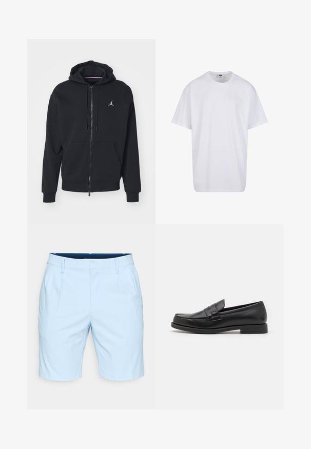 Črna zip-up kapuca iz mehkega materiala, z kenguru žepom, rebrastimi rokavi in belim vezenim logotipom na prsih.; Bela bombažna majica s kratkimi rokavi, okroglim izrezom, sproščenim krojem in brez vidnih logotipov ali vzorcev. Gladka tekstura in minimalen dizajn.; Svetlo modri šortsi z gladko teksturo, z ravnim krojem, sprednjimi naborki in pasom z zankami za pas. Žepi niso vidni.; Črne usnjene loafer čevlje s sleek oblikovanjem, zaobljenim prstom, šivnimi detajli in nizko blok peto. Gladka tekstura in minimalni dodatki.