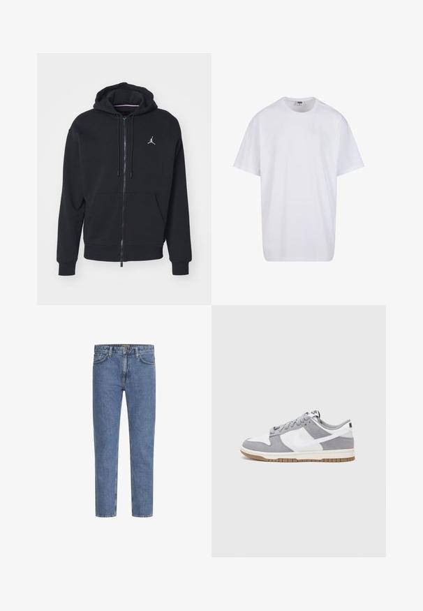 Melnas ar rāvējslēdzēju kapucēta jaka, izgatavota no mīksta auduma, ar kangaru kabatu, ribinātām piedurknēm un baltu izšūtu logo uz krūtīm.; Balta kokvilnas T-kreklu ar īsām piedurknēm, apaļu kakla izgriezumu, brīvu piegriezumu un bez redzamām logo vai rakstiem. Gluda tekstūra un minimālistisks dizains.; Gaiši zili džinsa džinsi ar taisnu kāju griezumu, piecām kabatām un kontrastējošu šuvumu. Nedaudz izbalināti, lai radītu nodiluša izskatu. Biezs metāla pogas aizdare.; Pelēki un balti sporta apavi ar zamšādas un ādas virsu, noapaļota purngala, plakaniem šņorēm un gumijas zoli ar gumijas akcentu.