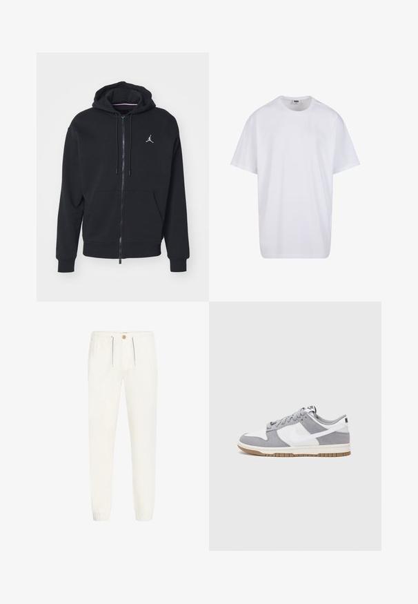 Czarna hoodie na zamek wykonana z miękkiego materiału, z kieszenią kangurką, prążkowanymi mankietami i białym wyhaftowanym logo na piersi.; Biała bawełniana koszulka z krótkimi rękawami, okrągłym dekoltem, luźnym krojem i bez widocznych logo lub wzorów. Gładka tekstura i minimalistyczny design.; Białe, lekkie spodnie wykonane z miękkiego materiału. Posiadają elastyczny pasek w talii z sznurkiem, zapięcie na guzik oraz ściągacze na nogawkach.; Szare i białe trampki z zamszową i skórzaną cholewą, okrągłym noskiem, płaskimi sznurówkami i gumową podeszwą z akcentem w kolorze gumy.
