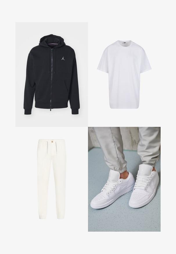 Czarna hoodie na zamek wykonana z miękkiego materiału, z kieszenią kangurką, prążkowanymi mankietami i białym wyhaftowanym logo na piersi.; Biała bawełniana koszulka z krótkimi rękawami, okrągłym dekoltem, luźnym krojem i bez widocznych logo lub wzorów. Gładka tekstura i minimalistyczny design.; Białe, lekkie spodnie wykonane z miękkiego materiału. Posiadają elastyczny pasek w talii z sznurkiem, zapięcie na guzik oraz ściągacze na nogawkach.; Białe skórzane trampki mają perforowany czubek, płaskie sznurówki, wyściełany kołnierz i logo Jordana na języku. Noszone z szarymi dresami.