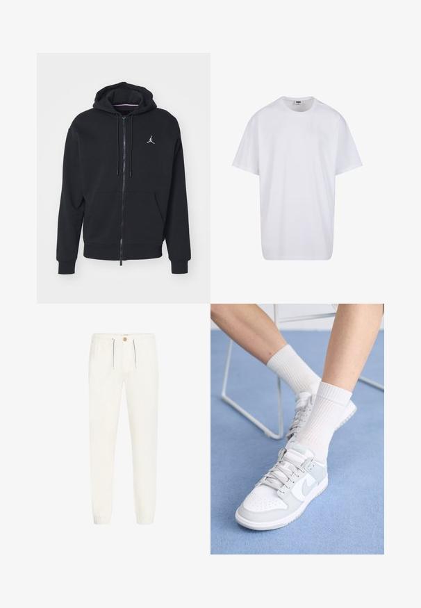 Hoodie noir à zip fabriqué en tissu doux, avec une poche kangourou, des poignets côtelés et un logo brodé blanc sur la poitrine.; T-shirt en coton blanc avec des manches courtes, un col rond, une coupe décontractée et sans logos ni motifs visibles. Texture lisse et design minimaliste.; Pantalons blancs légers en tissu doux. Dotés d'une taille élastique avec cordon de serrage, fermeture à bouton et poignets côtelés.; Baskets blanches avec des accents bleu clair, tige en cuir, bout perforé, lacets épais et chaussettes blanches côtelées sur fond bleu.