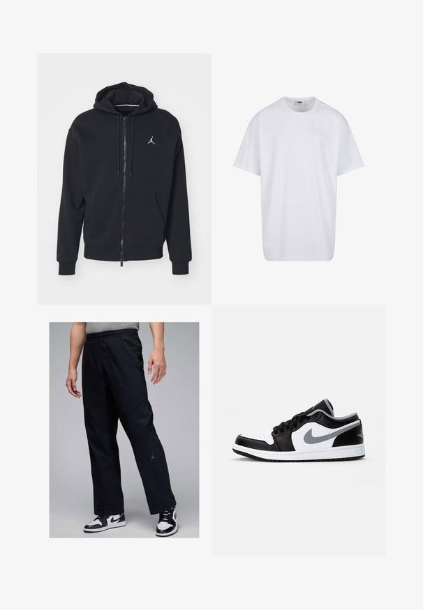 Melnas ar rāvējslēdzēju kapucēta jaka, izgatavota no mīksta auduma, ar kangaru kabatu, ribinātām piedurknēm un baltu izšūtu logo uz krūtīm.; Balta kokvilnas T-kreklu ar īsām piedurknēm, apaļu kakla izgriezumu, brīvu piegriezumu un bez redzamām logo vai rakstiem. Gluda tekstūra un minimālistisks dizains.; Melnas sporta bikses ar elastīgu jostu, sānos kabatām un nelielu pelēku logotipu uz apakšējās kājas. Gluda auduma tekstūra, brīvs piegriezums.; Jordan AIR JORDAN 1 LOW - Treniņu apavi - black/particle grey-white
