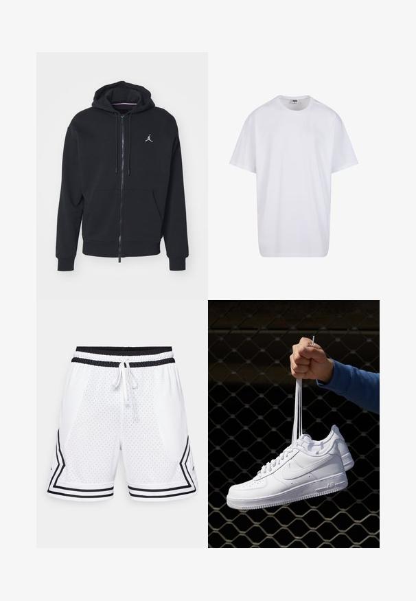 Sudadera con cremallera negra, hecha de un tejido suave, con un bolsillo tipo canguro, puños acanalados y un logo bordado en blanco en el pecho.; Camiseta blanca de algodón con mangas cortas, cuello redondo, corte relajado y sin logotipos ni patrones visibles. Textura suave y diseño minimalista.; Pantalones cortos deportivos blancos hechos de tela perforada. Cuentan con una cinturilla elástica negra con cordón y franjas laterales negras en un patrón de chevrón.; Zapatillas de cuero blanco con perforaciones, punta redonda, suela plana y cordones gruesos, con un logo de swoosh visible y "AIR" en el talón.
