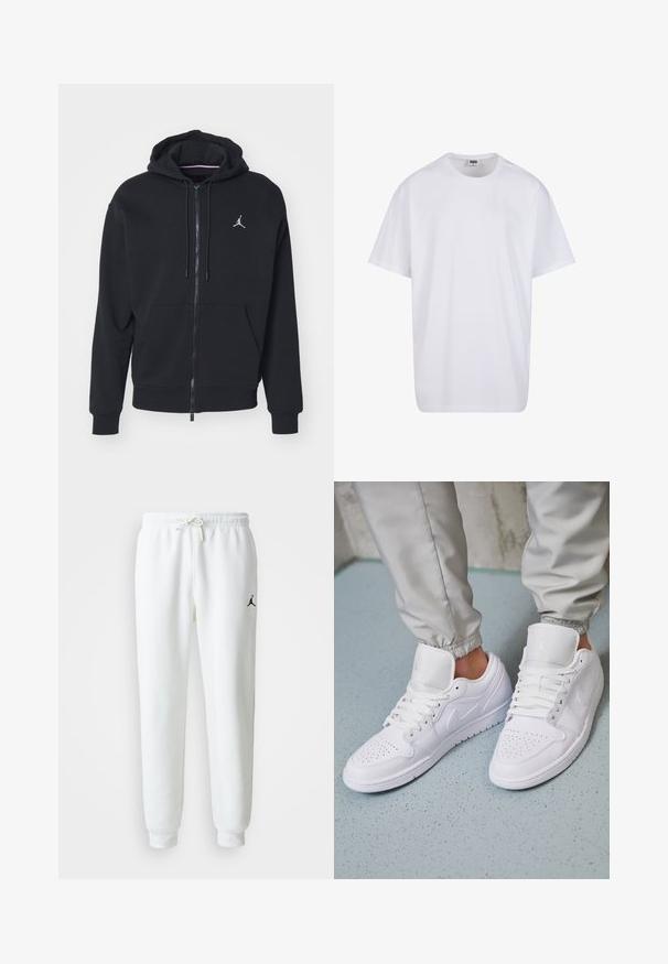 Svart hettegenser med glidelås laget av myk stoff, har kenguru-lomme, ribbede mansjetter og en hvit brodert logo på brystet.; Hvit bomull t-skjorte med korte ermer, rund utringning, avslappet passform, og ingen synlige logoer eller mønstre. Glatt tekstur og minimalistisk design.; Hvite joggebukser laget av en myk bomullsblanding, med elastisk midje og snor samt en liten svart logo på venstre lår.; Hvite lær sneakers har perforert tå-boks, flate lisser, polstret krage og Jordan-logoen på tungen. Båret med grå joggebukser.