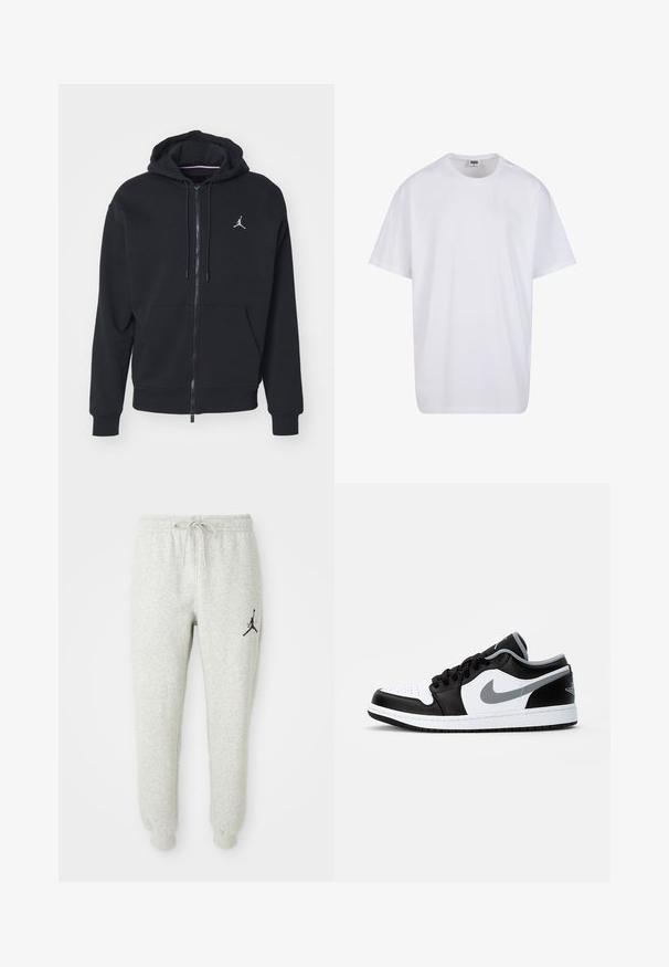 Black zip-up hoodie made from soft fabric, featuring a kangaroo pocket, ribbed cuffs, and a white embroidered logo on the chest.; White cotton t-shirt with short sleeves, rounded neckline, relaxed fit, and no visible logos or patterns. Smooth texture and minimal design.; Gray sweatpants with elastic waistband and drawstring, featuring a black Jumpman logo on the left leg, made from soft, textured fabric.; Jordan AIR JORDAN 1 LOW - Trainers - black/particle grey-white