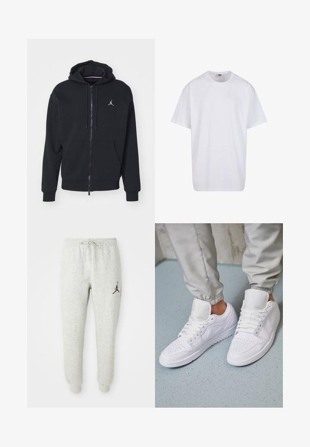 Čierna zip-up mikina vyrobená z mäkkej tkaniny, s kengurou vreckom, rebrovanými manžetami a bielym vyšitým logom na hrudi.; Biela bavlnená tričko s krátkymi rukávmi, okrúhlym výstrihom, uvoľneným strihom a žiadnymi viditeľnými logami alebo vzormi. Hladká textúra a minimálny dizajn.; Sivé tepláky s elastickým pásom a šnúrkou, so čiernym logom Jumpman na ľavom stehne, vyrobené z mäkkej, textúrované látky.; Biele kožené tenisky majú perforovaný špičku, ploché šnúrky, polstrovaný golier a logo Jordana na jazyku. Nosia sa s šedými joggermi.