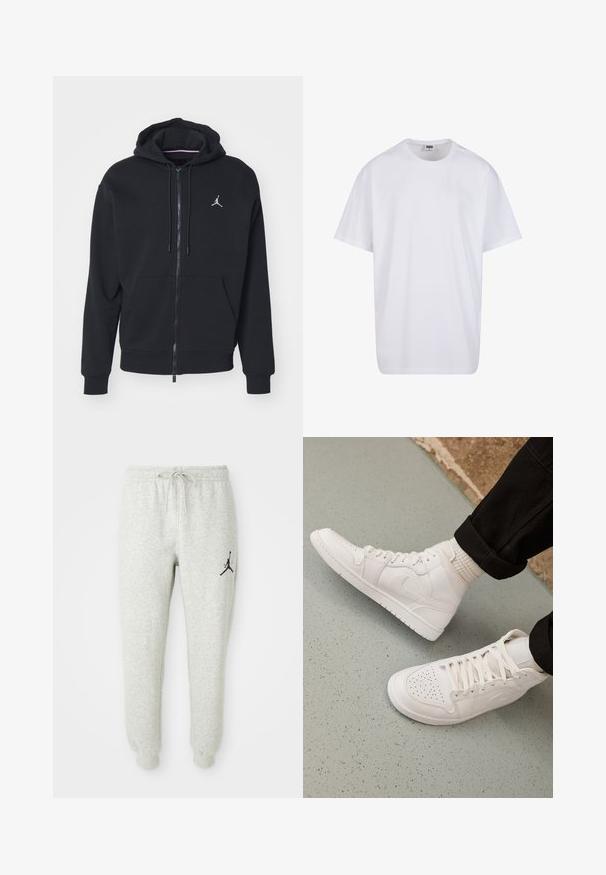 Fekete, cipzáros kapucnis pulóver, puha anyagból készült, elöl zsebes kialakítással, bordázott mandzsettákkal és fehér hímzett logóval a mellkasán.; Fehér pamut póló rövid ujjal, kerek nyakú, laza szabású, és nincsenek látható logók vagy minták. Simább textúra és minimalista dizájn.; Szürke melegítőnadrág, rugalmas derékrésszel és zsinórral, a bal lábon fekete Jumpman logóval, puha, textúrált anyagból készült.; Fehér, magas szárú sportcipők sima bőrből, perforált orral, fűzős záródással és diszkrét logóval az oldalon. Texturált gumitalp.