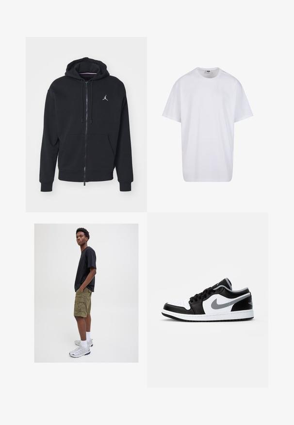 Černá zipová mikina vyrobená z měkké látky, se klokaní kapsou, ribbed manžetami a bílým vyšitým logem na hrudi.; Bílé triko z bavlny s krátkým rukávem, kulatým výstřihem, volným střihem a bez viditelných log či vzorů. Hladká textura a minimalistický design.; Černé tričko s krátkým rukávem, olivově zelené cargo šortky s kapsami, bílé kotníkové ponožky a stříbrné sportovní boty, stojící na neutrálním pozadí.; Jordan AIR JORDAN 1 LOW - Tenisky - black/particle grey-white