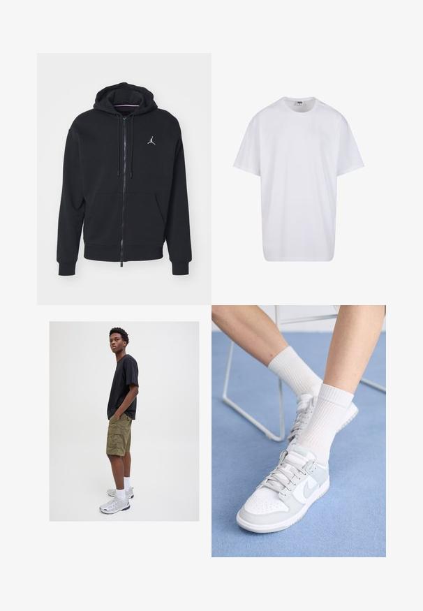 Juodas užtrauktukas džemperis, pagamintas iš minkštos medžiagos, su kengūros tipo kišene, didelėmis rankogaliais ir balta išsiuvinėta logotipu ant krūtinės.; Balta medvilninė marškinėlių užsagėlė su trumpomis rankovėmis, apvaliu kaklu, laisva forma ir be matomų logotipų ar raštų. Lygi tekstūra ir minimalus dizainas.; Juodas trumpas rankovėmis marškinėlis, alyvų žalios spalvos krovinių šortai su kišenėmis, balti kulkšniniai kojinės ir sidabriniai sportbačiai, stovintys prieš neutralų foną.; Balti sportiniai batai su šviesiai mėlynomis detalėmis, odinė viršutinė dalis, perforuota pirštų dalis, storos raiščiai ir baltiesiems raišteliai prieš mėlyną foną.