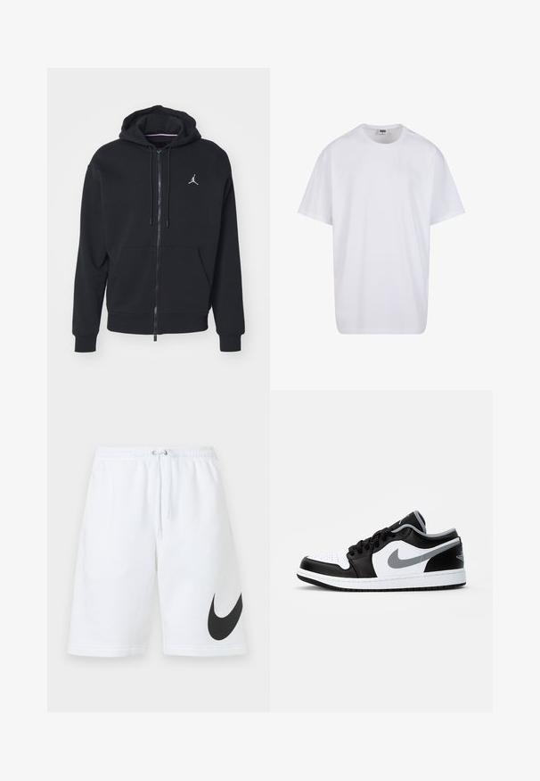 Juodas užtrauktukas džemperis, pagamintas iš minkštos medžiagos, su kengūros tipo kišene, didelėmis rankogaliais ir balta išsiuvinėta logotipu ant krūtinės.; Balta medvilninė marškinėlių užsagėlė su trumpomis rankovėmis, apvaliu kaklu, laisva forma ir be matomų logotipų ar raštų. Lygi tekstūra ir minimalus dizainas.; Balti medvilniniai šortai su elastingu juosmeniu, reguliuojama raišteliu ir dideliu juodu Nike logotipu kairėje kojoje. Lygus paviršius.; Jordan AIR JORDAN 1 LOW - Sportbačiai - black/particle grey-white