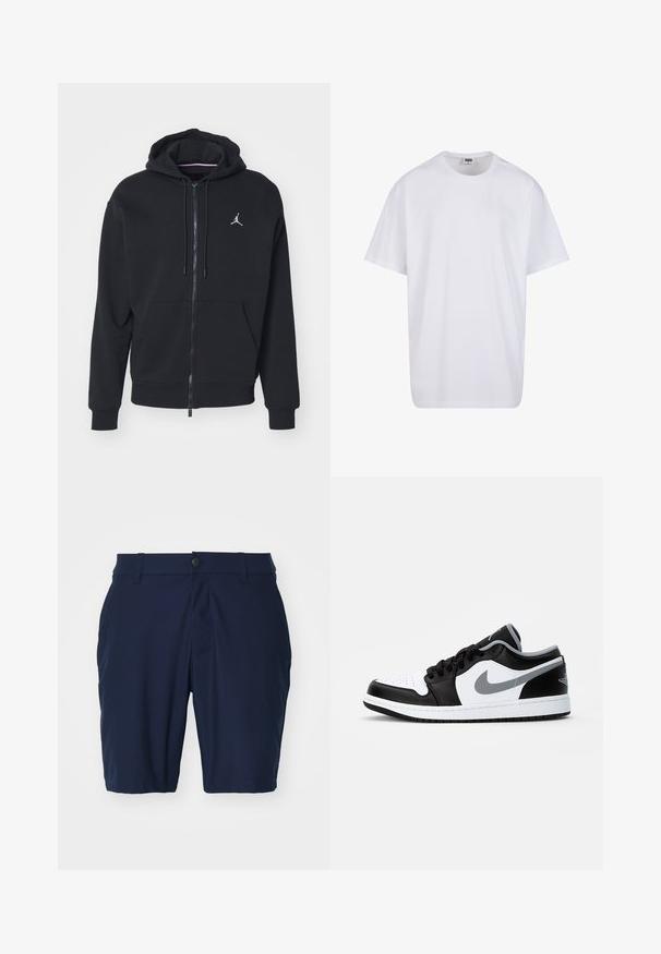 Crna zip-jakna napravljena od mekog materijala, s kenguruljom džepom, rebrastim manžetama i bijelim vezivnim logotipom na prsima.; Bijela pamučna majica s kratkim rukavima, zaobljenim izrezom, opuštenog kroja, bez vidljivih logotipa ili uzoraka. Glatka tekstura i minimalni dizajn.; Tamnoplave kratke hlače od glatkog materijala s kopčanjem na dugme, bočnim džepovima i ravnim krojem.; Jordan AIR JORDAN 1 LOW - Tenisice - black/particle grey-white