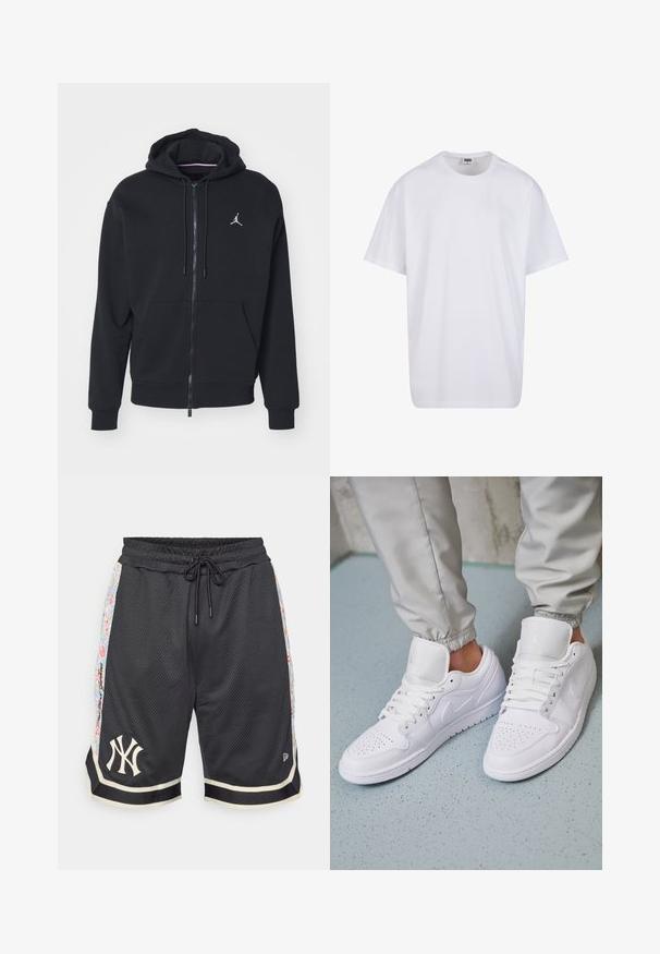 Melnas ar rāvējslēdzēju kapucēta jaka, izgatavota no mīksta auduma, ar kangaru kabatu, ribinātām piedurknēm un baltu izšūtu logo uz krūtīm.; Balta kokvilnas T-kreklu ar īsām piedurknēm, apaļu kakla izgriezumu, brīvu piegriezumu un bez redzamām logo vai rakstiem. Gluda tekstūra un minimālistisks dizains.; Melni sieta šorti ar elastīgu jostu un auklu. Iezīmētas ar ziedu raksta sānu paneļiem un baltu Ņujorkas logotipu uz apakšmalas.; Baltas ādas sporta apavi ar perforētu purngalu, plakaniem auklām, mīkstinātu apkakli un Jordana logotipu uz mēles. Nēsā ar pelēkiem treniņbiksēm.