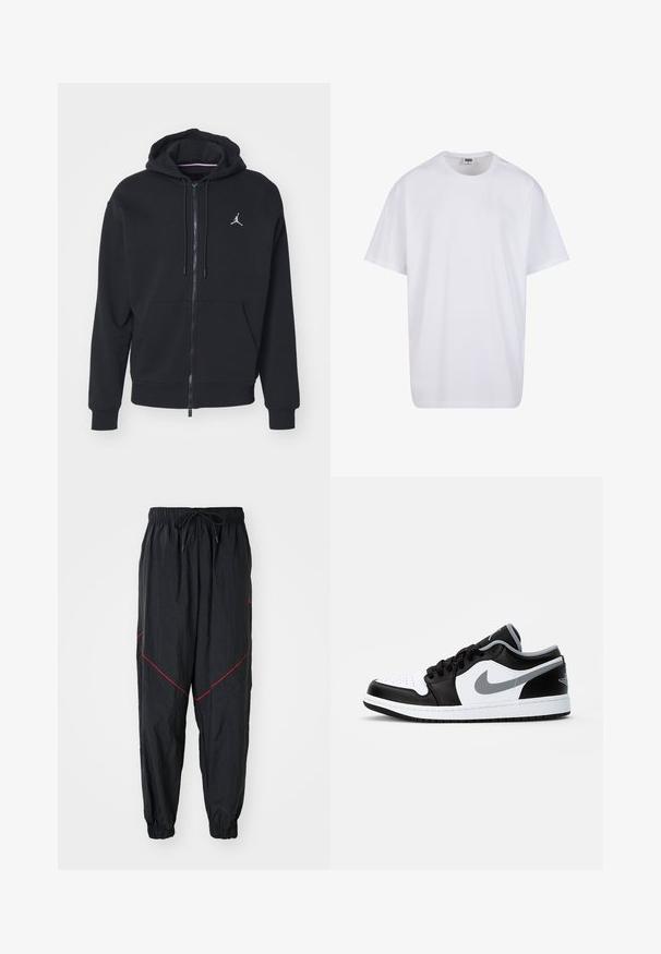 Svart hettegenser med glidelås laget av myk stoff, har kenguru-lomme, ribbede mansjetter og en hvit brodert logo på brystet.; Hvit bomull t-skjorte med korte ermer, rund utringning, avslappet passform, og ingen synlige logoer eller mønstre. Glatt tekstur og minimalistisk design.; Sorte joggebukser laget av lett stoff med røde sømmer, elastisk midje med snøring og elastiske mansjetter.; Jordan AIR JORDAN 1 LOW - Joggesko - black/particle grey-white