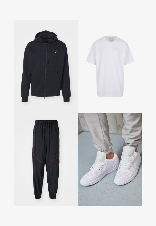 Zwarte zip-up hoodie gemaakt van zachte stof, met een kangoeroezak, geribde boorden en een wit geborduurd logo op de borst.; Witte katoenen t-shirt met korte mouwen, ronde hals, relaxte pasvorm en zonder zichtbare logo's of patronen. Gladde textuur en minimalistisch ontwerp.; Zwarte joggingsbroek gemaakt van lichtgewicht stof met rode accentstiksels, een elastische tailleband met trekkoord en elastische boorden.; Witte leren sneakers met een geperforeerde neus, platte veters, een gepolsterde kraag en het Jordan-logo op de tong. Gediend met grijze joggers.