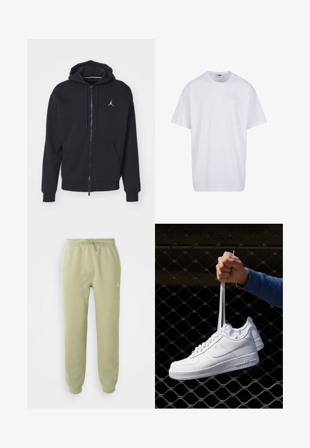 Sort zip-up hoodie lavet af blødt stof, med en kængurulomme, ribbede manchetter og et hvidt broderet logo på brystet.; Hvid bomulds t-shirt med korte ærmer, rund halsudskæring, afslappet pasform, og ingen synlige logoer eller mønstre. Glat tekstur og minimalistisk design.; Lyse grønne joggerbukser med elastisk talje, snor, ribbede ankelmanchetter og lille Jumpman-logo på højre lår.; Hvide lædersneakers med perforeringer, rund tå, flad sål og tykke snørebånd, med et synligt swoosh-logo og "AIR" på hælen.