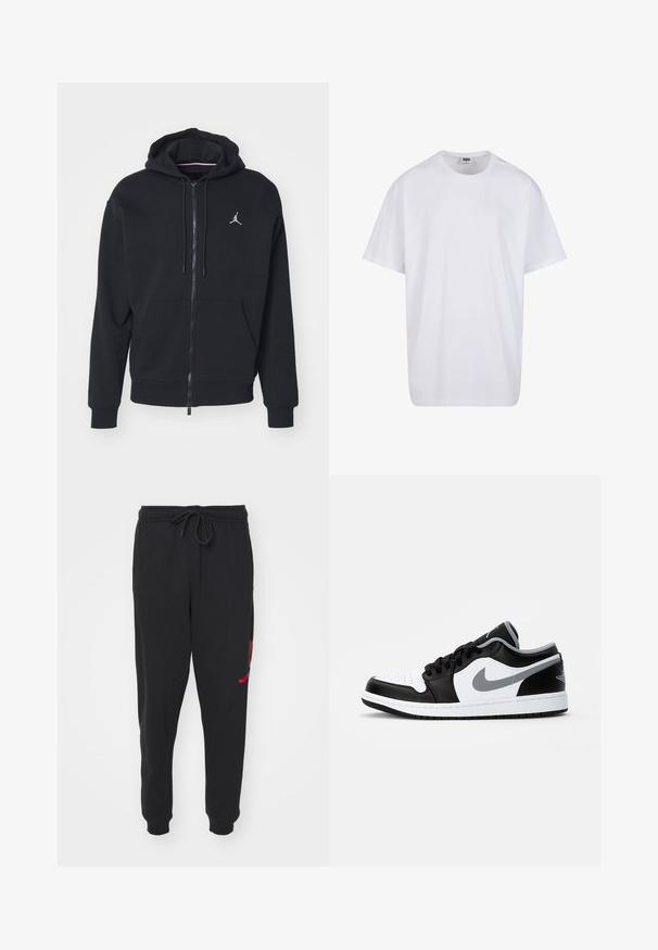 Svart zip-up hoodie tillverkad av mjukt tyg, med en känguruficka, ribbade ärmar och en vit broderad logga på bröstet.; Vit bomull t-shirt med korta ärmar, rundad halsringning, avslappnad passform och utan synliga logotyper eller mönster. Slät textur och minimal design.; Svarta sweatpants i mjukt tyg med elastisk midja och dragsko. Vänster ben har en röd grafisk design.; Jordan AIR JORDAN 1 LOW - Sneakers - black/particle grey-white