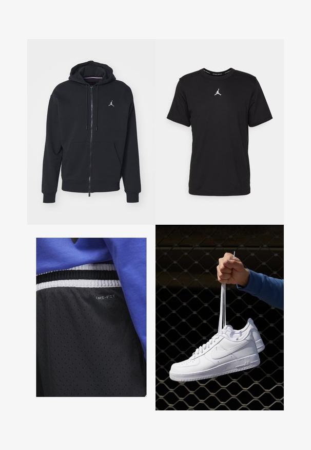 Zwarte zip-up hoodie gemaakt van zachte stof, met een kangoeroezak, geribde boorden en een wit geborduurd logo op de borst.; Zwarte katoenen t-shirt met korte mouwen, ronde hals, voorzien van een witte Jumpman-logo op de borst en een gladde, lichte textuur.; Jordan DIAMOND SHORT - Korte broeken - black/white/white/(white); Witte leren sneakers met perforaties, ronde neus, vlakke zool en dikke veters, met een zichtbare swoosh-logo en "AIR" op de hiel.