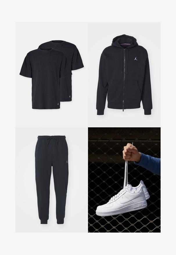 Sort zip-up hoodie lavet af blødt stof, med en kængurulomme, ribbede manchetter og et hvidt broderet logo på brystet.; Sorte bomulds T-shirts i standard pasform med korte ærmer og rund hals. Indeholder lille logo på venstre kant. To-pack.; Sorte joggingbukser lavet af blødt stof, med en elastisk talje med snøre, ribbede manchetter og et lille logo på venstre lår.; Hvide lædersneakers med perforeringer, rund tå, flad sål og tykke snørebånd, med et synligt swoosh-logo og "AIR" på hælen.