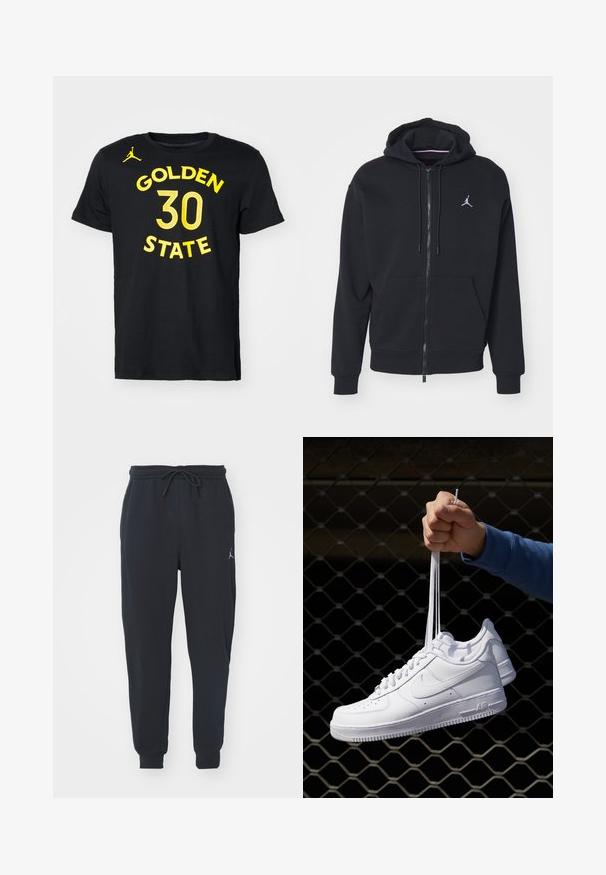 Mustapaita, jossa on vetoketju ja pehmeä kangas, varustettu kengurupussilla, ribattuilla hihansuilla ja valkoisella brodeeratulla logolla rinnassa.; Nike Performance NBA GOLDEN STATE WARRIORS STEPHEN CURRY TEE - Joukkuetuote - black; Mustat juoksuhousut pehmeästä kankaasta, joissa on joustava vyötärönauha ja nauhakuja, ribbikuosiset hihansuut ja pieni logo vasemmassa reidessä.; Valkoiset nahkasneakersit, joissa on rei'ityksiä, pyöreä kärki, tasapohja ja paksut nauhat, joissa on näkyvä swoosh-logo ja "AIR" kantapäässä.