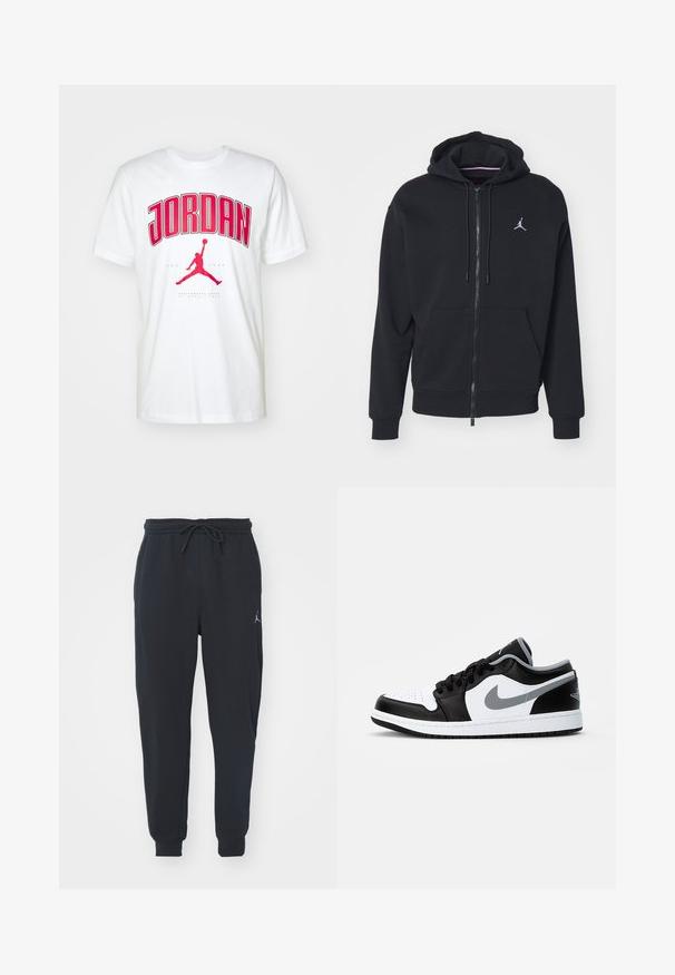 Sudadera con cremallera negra, hecha de un tejido suave, con un bolsillo tipo canguro, puños acanalados y un logo bordado en blanco en el pecho.; Camiseta de algodón blanca con texto rojo en negrita "JORDAN" y un logo de Jumpman rojo. Manga corta y diseño clásico de cuello redondo.; Pantalones de chándal negros hechos de tela suave, con una cinturilla elástica con cordón, puños acanalados y un pequeño logo en el muslo izquierdo.; Jordan AIR JORDAN 1 LOW - Zapatillas - black/particle grey-white