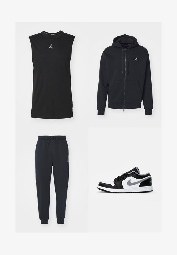 Črna zip-up kapuca iz mehkega materiala, z kenguru žepom, rebrastimi rokavi in belim vezenim logotipom na prsih.; Črna brezrokavnik iz bombaža, z okroglim izrezom in belim Jumpman logotipom na sredini. Gladka tekstura, običajen kroj.; Črne trenirke iz mehkega materiala, z elastičnim pasom in vrvico, naborki na robovih in manjšim logotipom na levi stegn.; Jordan AIR JORDAN 1 LOW - Športni copati - black/particle grey-white
