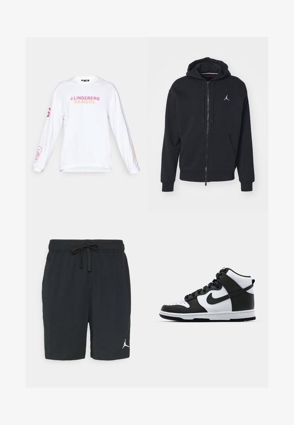 Fleeced preto com fecho, feito de um tecido suave, apresentando um bolso canguru, punhos canelados e um logo bordado branco no peito.; Camisa de manga longa branca com o texto "J. LINDEBERG KANGOL" em rosa e laranja. A manga esquerda possui um detalhe gráfico em rosa. Feita de material de algodão.; Calças de desporto pretas feitas de tecido perfurado com uma cintura elástica e cordão. Apresenta um logótipo branco no lado inferior esquerdo.; Ténis alto em preto e branco com parte superior em couro, biqueira perfurada, logo swoosh em destaque e sola de borracha texturizada.