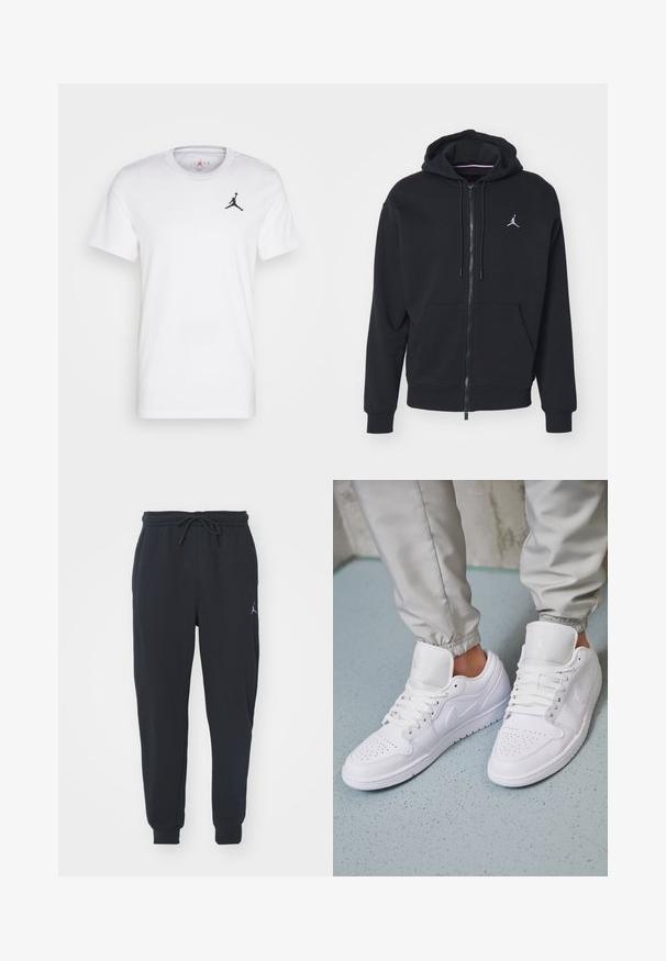Črna zip-up kapuca iz mehkega materiala, z kenguru žepom, rebrastimi rokavi in belim vezenim logotipom na prsih.; Bela bombažna majica s črnim Jordanovim logotipom na levi strani prsi, krojena ovratnika, kratkimi rokavi in gladko teksturo.; Črne trenirke iz mehkega materiala, z elastičnim pasom in vrvico, naborki na robovih in manjšim logotipom na levi stegn.; Bele usnjene superge imajo perforirano konico, ravne vezalke, oblazinjen ovratnik in znak Jordan na jeziku. Uporabljene so s sivo trenirko.