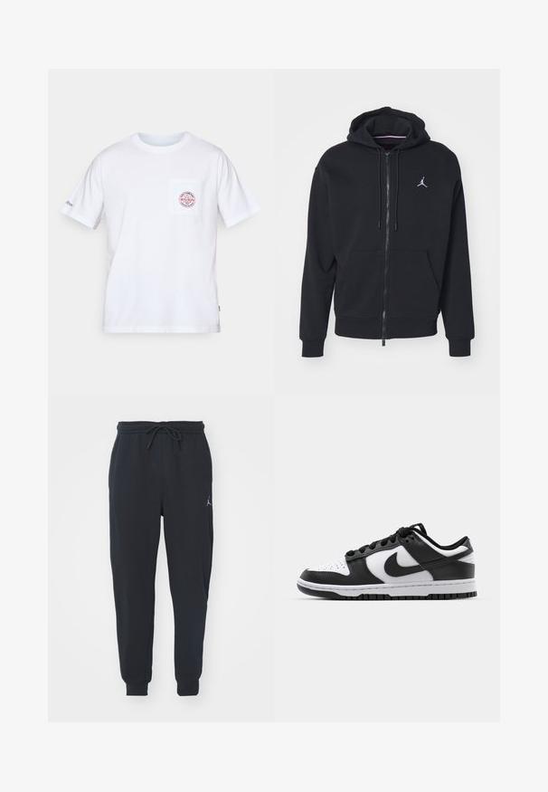 Zwarte zip-up hoodie gemaakt van zachte stof, met een kangoeroezak, geribde boorden en een wit geborduurd logo op de borst.; Witte katoenen T-shirt met een ronde hals, korte mouwen en een borstzak met een rood en blauw logo ontwerp. Standaard pasvorm.; Zwarte joggingsbroeken van zachte stof, met een elastische tailleband met trekkoord, geribbelde boorden en een klein logo op de linker dij.; Zwart-witte Nike Dunk sneakers met een leren bovenwerk, geperforeerde neus, zwarte veters en een zwarte rubberen zool met profiel.