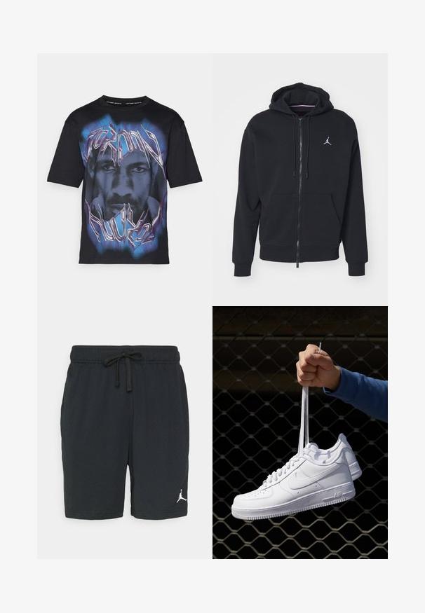 Sudadera con cremallera negra, hecha de un tejido suave, con un bolsillo tipo canguro, puños acanalados y un logo bordado en blanco en el pecho.; Camiseta negra con un diseño gráfico que presenta un rostro y texto estilizado en tonos morados y azules, confeccionada en suave tela de algodón.; Pantalones cortos atléticos negros de tela perforada con cinturilla elástica y cordón. Presenta un logo blanco en la parte inferior izquierda.; Zapatillas de cuero blanco con perforaciones, punta redonda, suela plana y cordones gruesos, con un logo de swoosh visible y "AIR" en el talón.