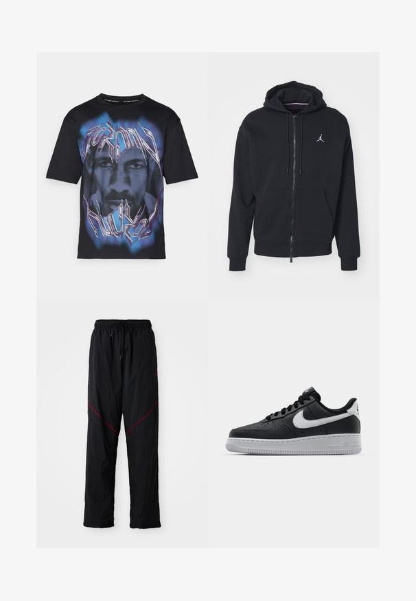Črna zip-up kapuca iz mehkega materiala, z kenguru žepom, rebrastimi rokavi in belim vezenim logotipom na prsih.; Črna majica s kratkimi rokavi, ki ima grafični vzorec obraza in stilizirano besedilo v vijoličnih in modrih odtenkih, izdelana iz mehkega bombaža.; Črne športne hlače z teksturiranim zaključkom, z vrvico za prilagajanje v pasu, rdečimi detajli in ohlapnim krojem.; Črne usnjene teniske z teksturirano površino, bele Nikejeve zmage, sivo podplato, okroglo konico in vezalno zasnovo. Imajo perforacije na prednjem delu.