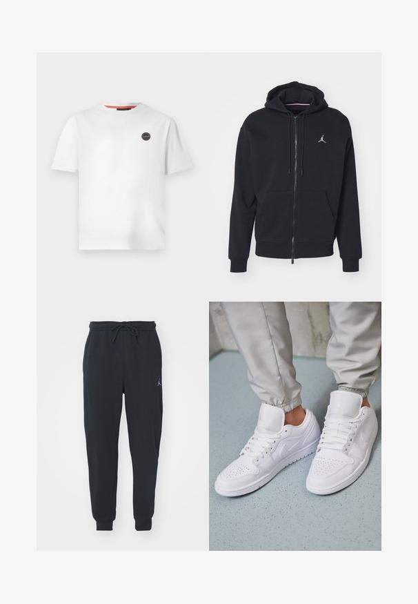 Fekete, cipzáros kapucnis pulóver, puha anyagból készült, elöl zsebes kialakítással, bordázott mandzsettákkal és fehér hímzett logóval a mellkasán.; Fehér pamut póló rövid ujjakkal és kerek nyakkivágással. A bal mellen egy kör alakú logó folt található.; Fekete jogger nadrág puha anyagból, hajlékony derékkal és zsinórral, bordás mandzsettákkal és kis logóval a bal combon.; Fehér bőr sportcipők perforált orr résszel, lapos fűzőkkel, párnázott bokarésszel és Jordan logóval a nyelvén. Szürke melegítőnadrággal viselve.
