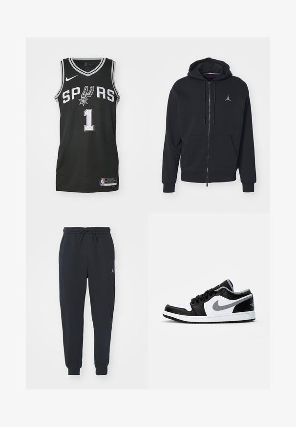 Svart hettegenser med glidelås laget av myk stoff, har kenguru-lomme, ribbede mansjetter og en hvit brodert logo på brystet.; Svart baskettrøye med "SPURS" i hvitt, med nummer "1" og Nike-logo. Laget av mesh-stoff med rund hals og sidetrim.; Svart joggebukse laget av myk stoff, med elastisk midje med snøring, ribbede mansjetter og en liten logo på venstre lår.; Jordan AIR JORDAN 1 LOW - Joggesko - black/particle grey-white