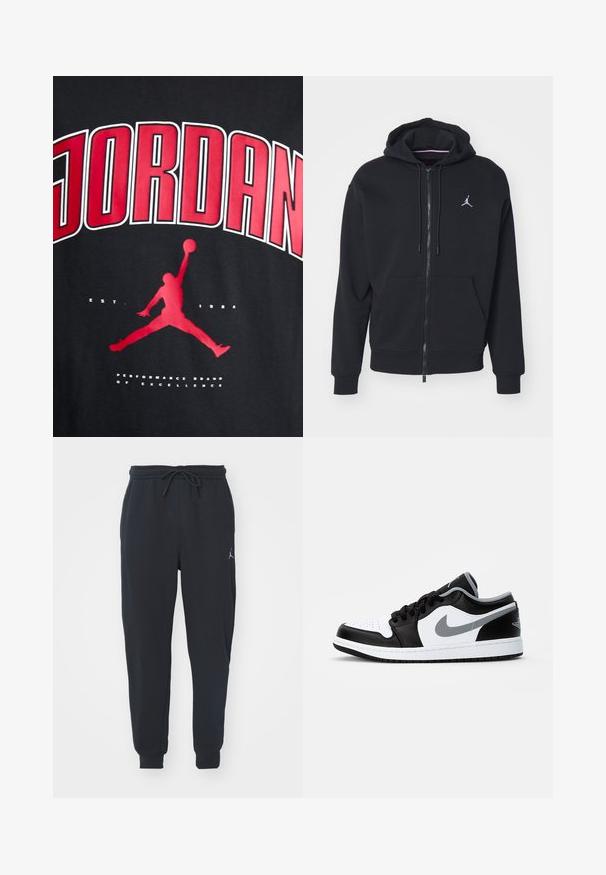 Czarna hoodie na zamek wykonana z miękkiego materiału, z kieszenią kangurką, prążkowanymi mankietami i białym wyhaftowanym logo na piersi.; Czarna koszulka z wyrazistym czerwonym napisem "JORDAN", sylwetką skaczącej postaci oraz białym napisem "EST. 1984" poniżej grafiki.; Czarne dresowe spodnie wykonane z miękkiego materiału, z elastycznym paskiem w talii ze sznurkiem, ściągaczami na nogawkach oraz małym logo na lewej udzie.; Jordan AIR JORDAN 1 czarny