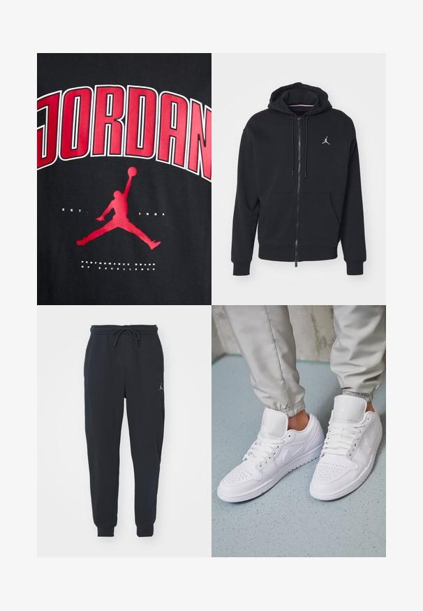 Sort zip-up hoodie lavet af blødt stof, med en kængurulomme, ribbede manchetter og et hvidt broderet logo på brystet.; Sort t-shirt med fed rød "JORDAN" tekst, silhuet af en springende figur, og "EST. 1984" i hvid under grafikken.; Sorte joggingbukser lavet af blødt stof, med en elastisk talje med snøre, ribbede manchetter og et lille logo på venstre lår.; Hvide lædersneakers har en perforeret tåboks, flade snørebånd, polstret krave og Jordan-logoet på tungen. Båret med grå joggers.