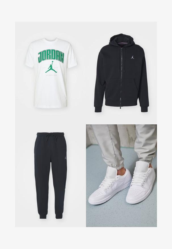 Sudadera con cremallera negra, hecha de un tejido suave, con un bolsillo tipo canguro, puños acanalados y un logo bordado en blanco en el pecho.; Camiseta de algodón blanca con el texto "JORDAN" en verde llamativo y un logo de silueta negra. Cuello redondo y mangas cortas, corte estándar.; Pantalones de chándal negros hechos de tela suave, con una cinturilla elástica con cordón, puños acanalados y un pequeño logo en el muslo izquierdo.; Las zapatillas deportivas de cuero blanco cuentan con una caja de dedos perforada, cordones planos, un cuello acolchado y el logo de Jordan en la lengüeta. Las llevan puestas con pantalones joggers grises.