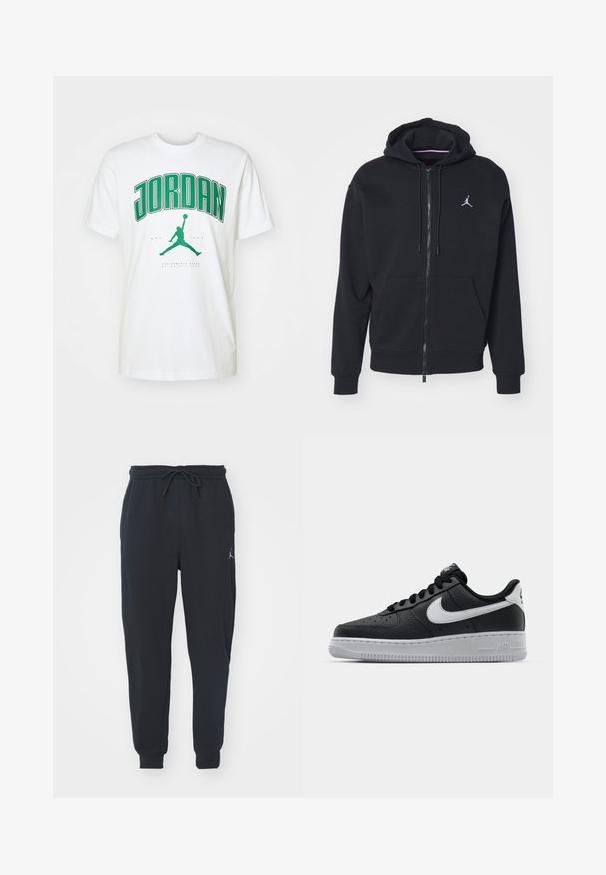 Must mustri zipperiga kapuutsiga, mis on valmistatud pehmest kangast, kangaroo taskuga, ribareitega mansettide ja valge tikitud logoga rinnal.; Valge puuvillane T-särk, millel on julge rohelise värvi "JORDAN" tekst ja must siluettlogo. Ümmargune kaelus ja lühikesed varrukad, standardne lõige.; Mustad mustadelsid, mis on valmistatud pehmest kangast, kummiga vöökoha ja nööriga, ribakätked ning väike logo vasakul reiel.; Must musta sneaker tekstureeritud pinnaga, valge Nike logo, hall tald, ümar varv ja paeltega disain. Omab perforatsioone varbakasti peal.