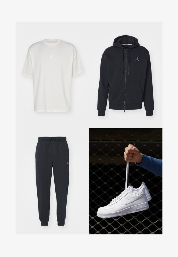 Svart hettegenser med glidelås laget av myk stoff, har kenguru-lomme, ribbede mansjetter og en hvit brodert logo på brystet.; Hvit bomulls T-skjorte med rund hals, korte ermer og en liten brodert logo i midten. Løs passform med minimal søm.; Svart joggebukse laget av myk stoff, med elastisk midje med snøring, ribbede mansjetter og en liten logo på venstre lår.; Hvite skinnsneakers med perforeringer, rund tå, flat såle og tykke lisser, med en synlig swoosh-logo og "AIR" på hælen.