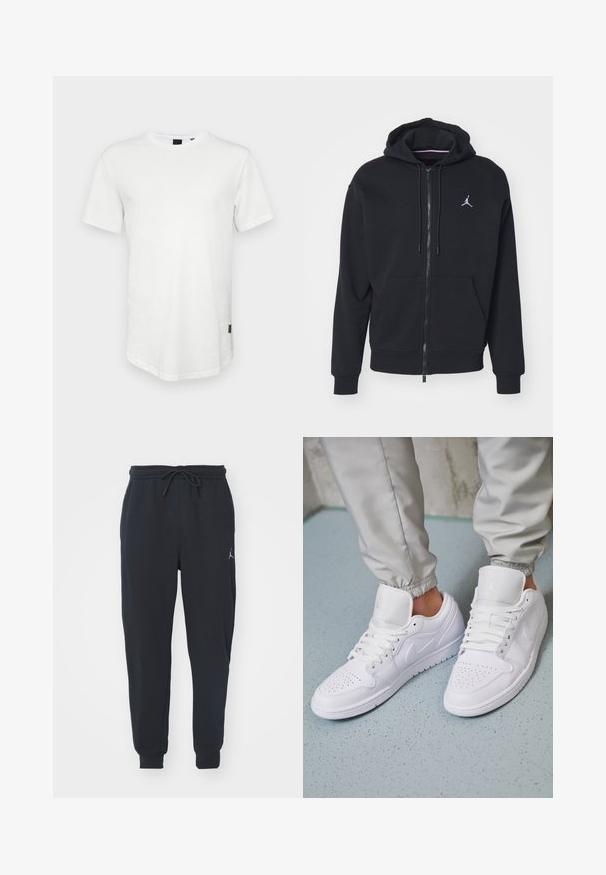 Fleeced preto com fecho, feito de um tecido suave, apresentando um bolso canguru, punhos canelados e um logo bordado branco no peito.; T-shirt branca de manga curta, feita de algodão, apresentando um decote redondo e uma parte traseira ligeiramente alongada, com um pequeno logótipo em destaque na lateral.; Calças de jogger pretas feitas de um tecido macio, apresentando uma cintura elástica com cordão, punhos canelados e um pequeno logótipo na coxa esquerda.; Tênis brancos em couro apresentam uma caixa de dedos perfurada, cadarços planos, colarinho acolchoado e o logotipo da Jordan na língua. Usados com calças de moletom cinzas.